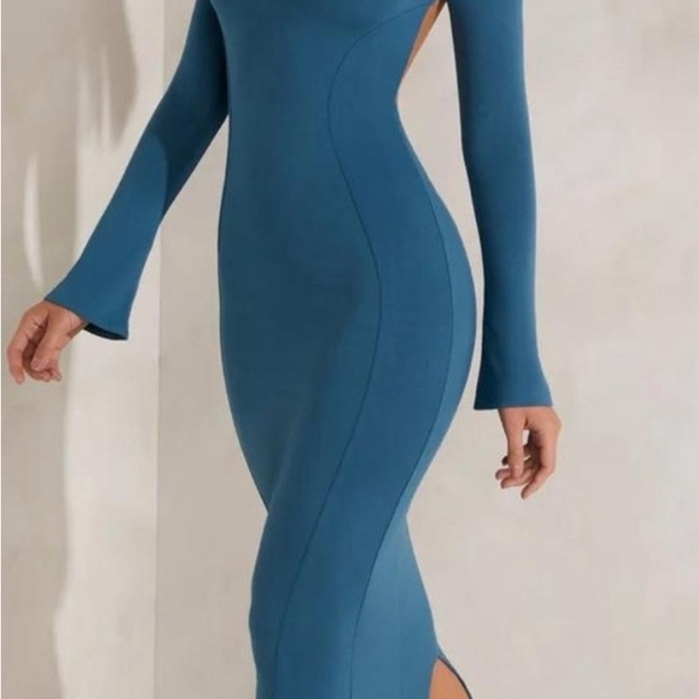 Oh Polly Teal High Neck Long Sleeve Medium Dress